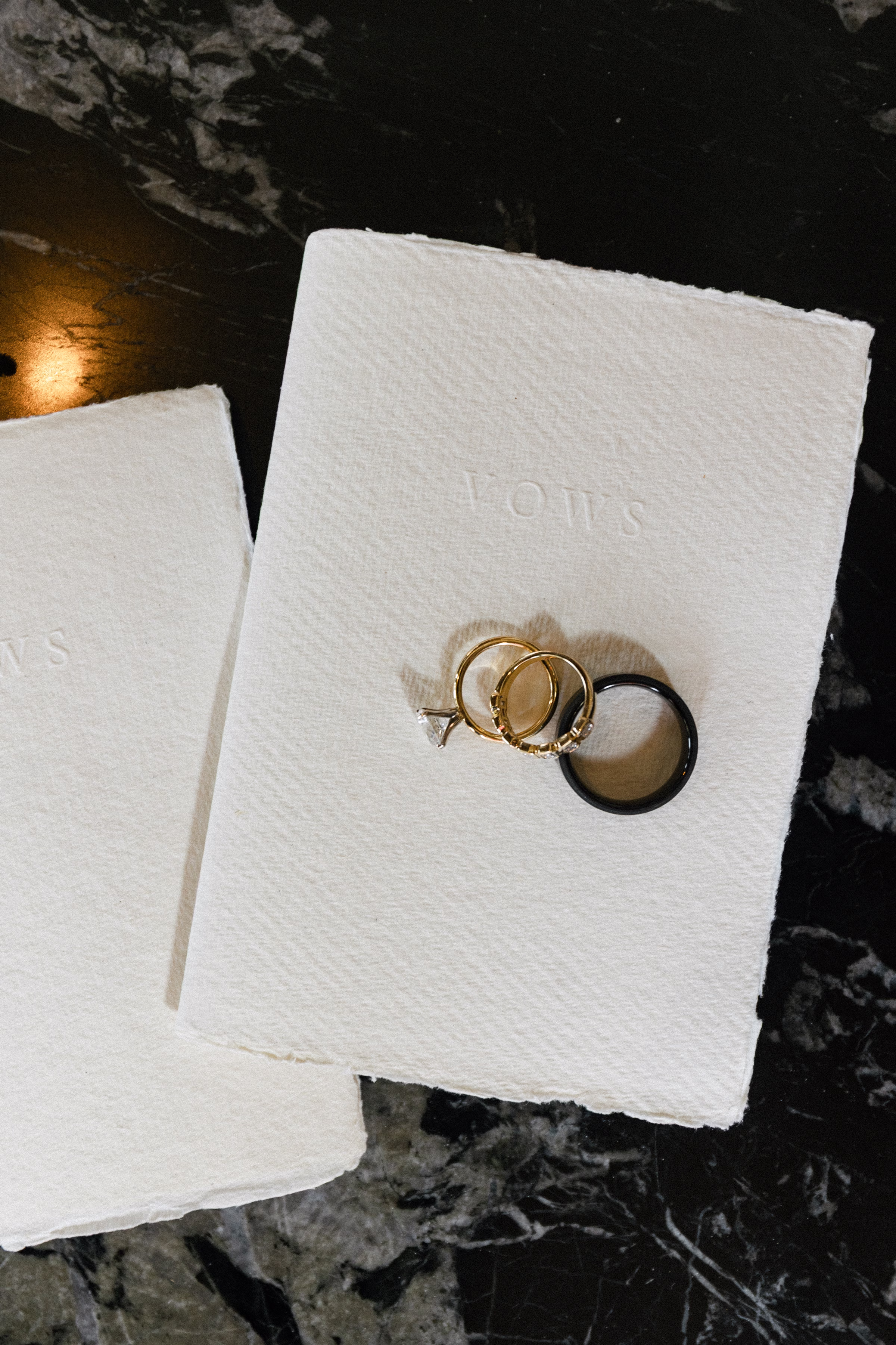 bride and groom rings placed on a stationery piece