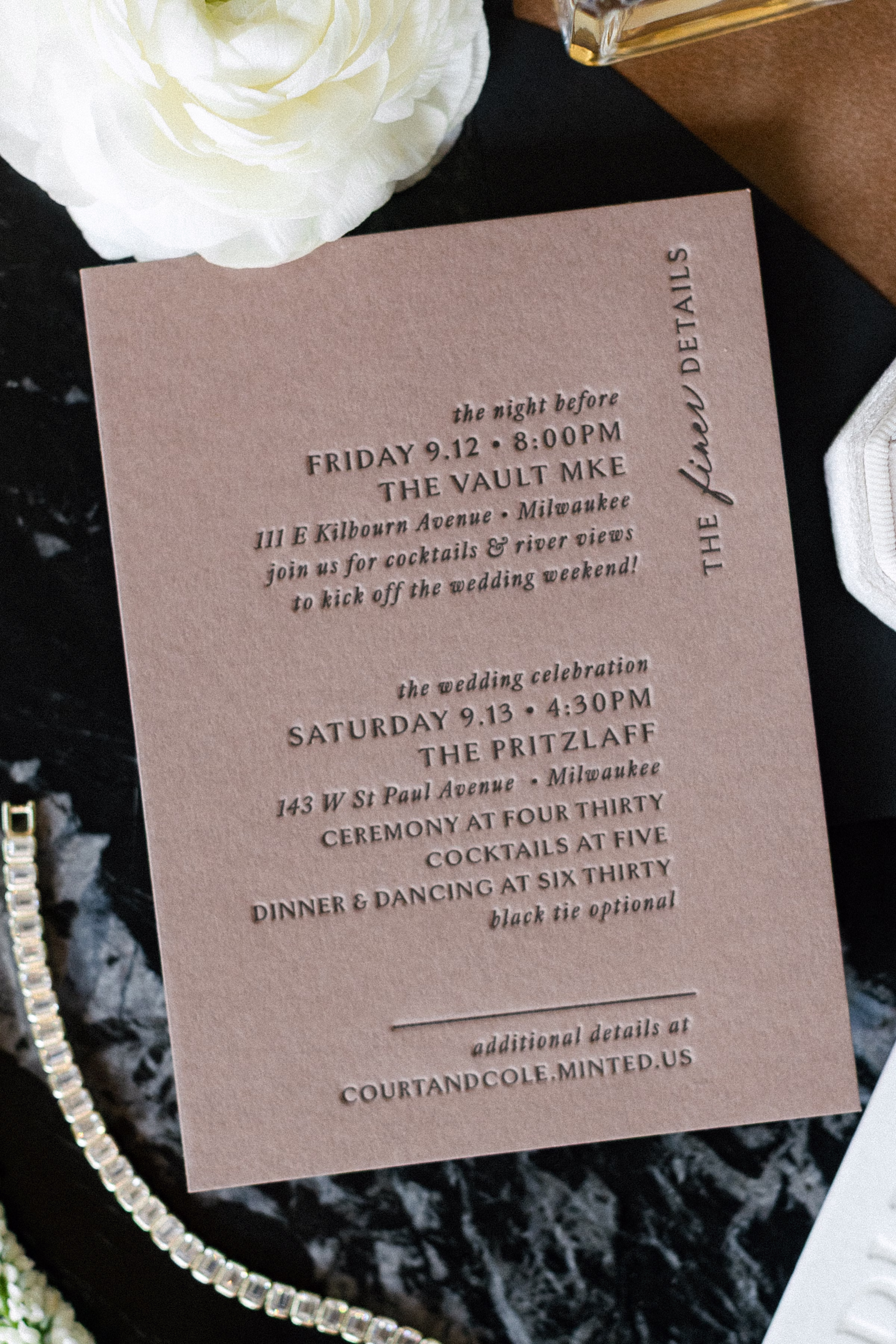 letterpress invitation on taupe paper