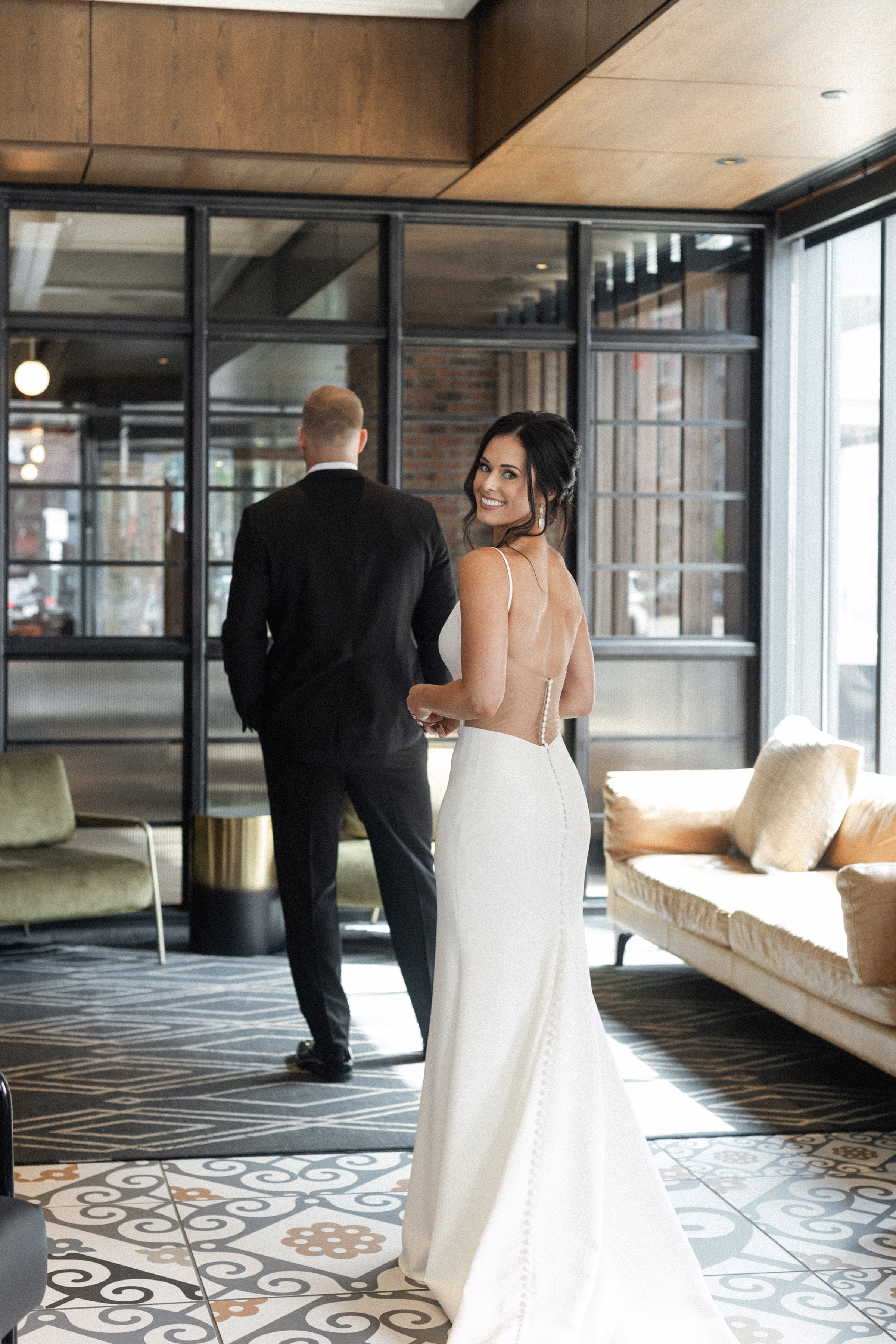 the couple prepares for a first look