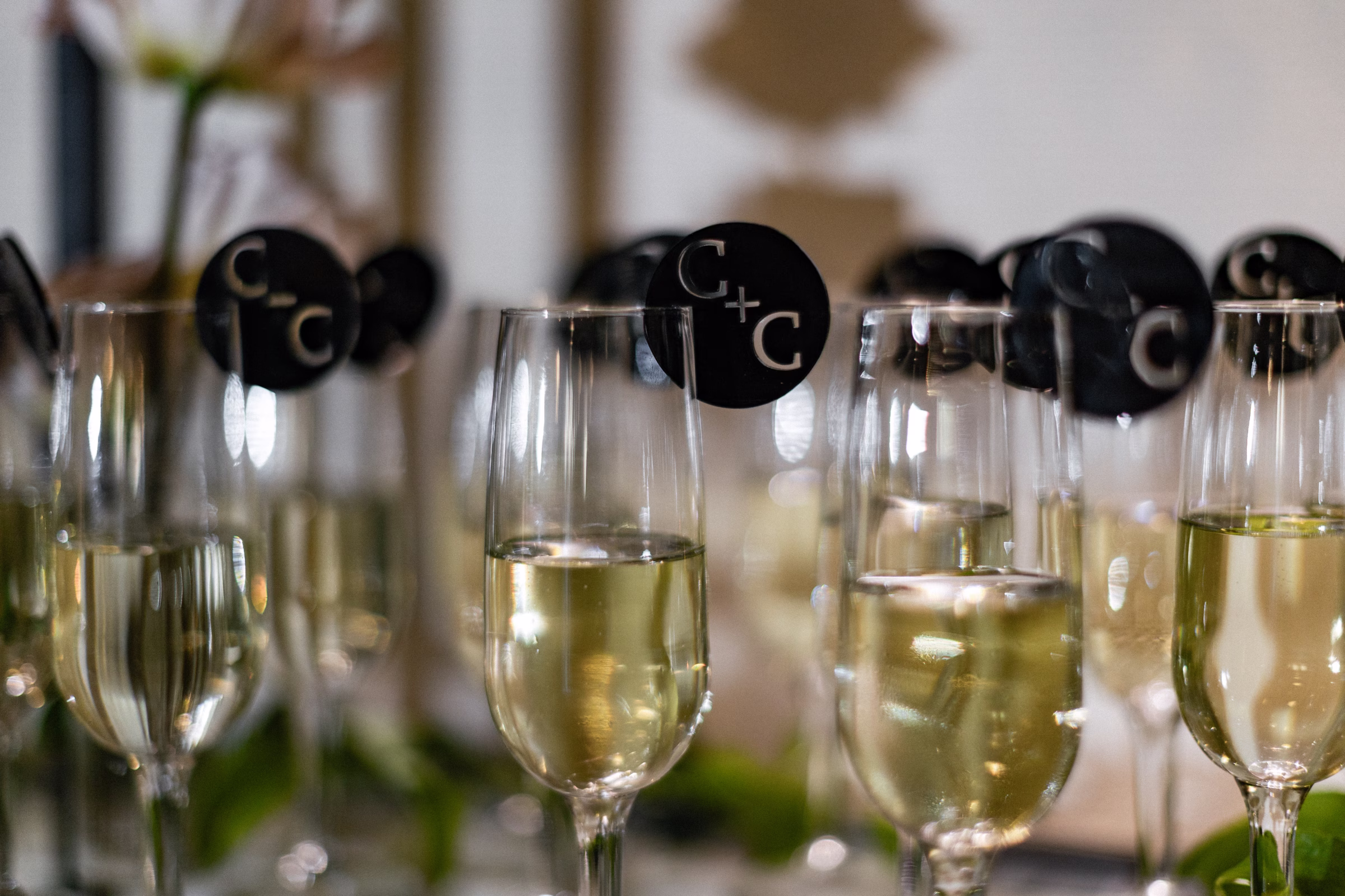 Champagne glasses featuring custom couple monogram