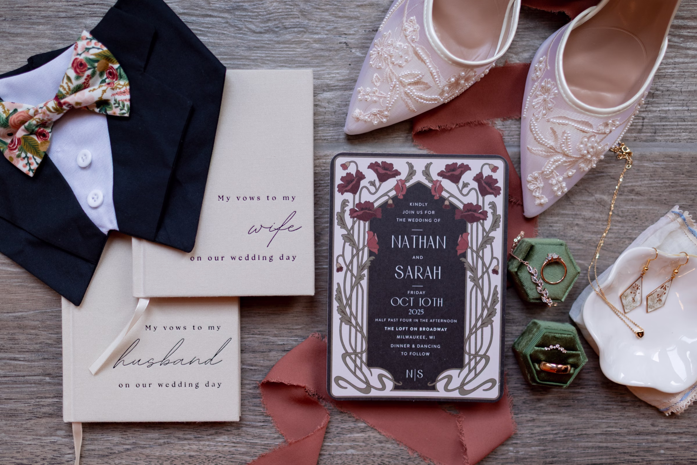 moody romantic fall wedding loft on broadway milwaukee wisconsin stationery accessories 14 0053 - A Moody, Romantic Fall Wedding at The Loft on Broadway | Sarah + Nathan moody fall wedding stationery, vows, and accessories including rings, earrings, shoes, necklace, and a bracelet